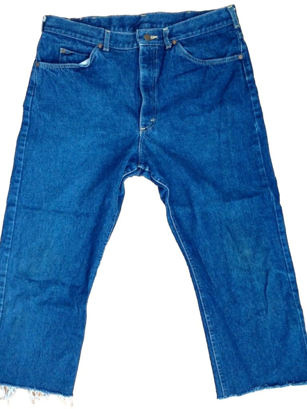 VINTAGE LEE CROPPED BLUE COTTON DENIM JEANS MADE IN USA MENS TAG 38x32 36"x23.5"